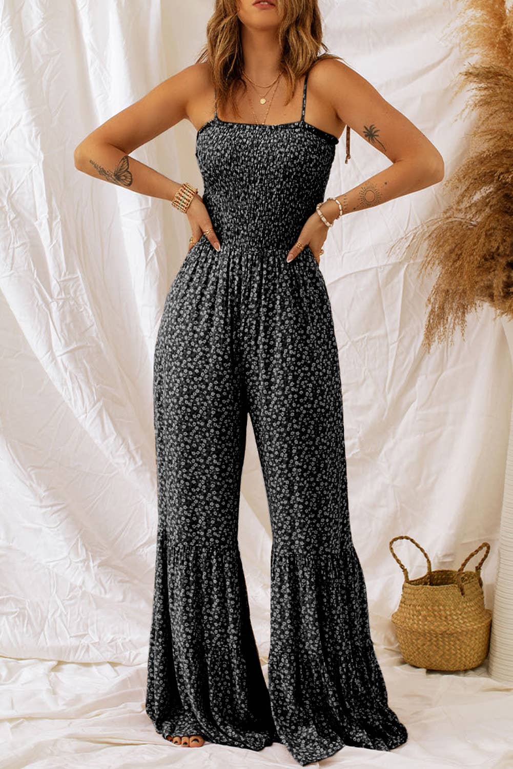 Straps Smocked Bodice Wide Leg Floral Jumpsuit