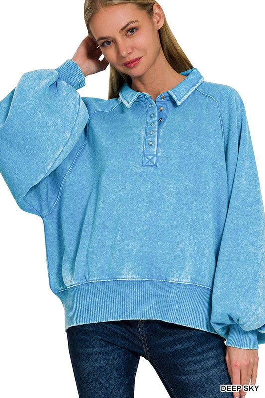 Acid Wash Fleece Button Up Collared Pullover: DEEP SKY / 3-3 (S/M-L/XL)