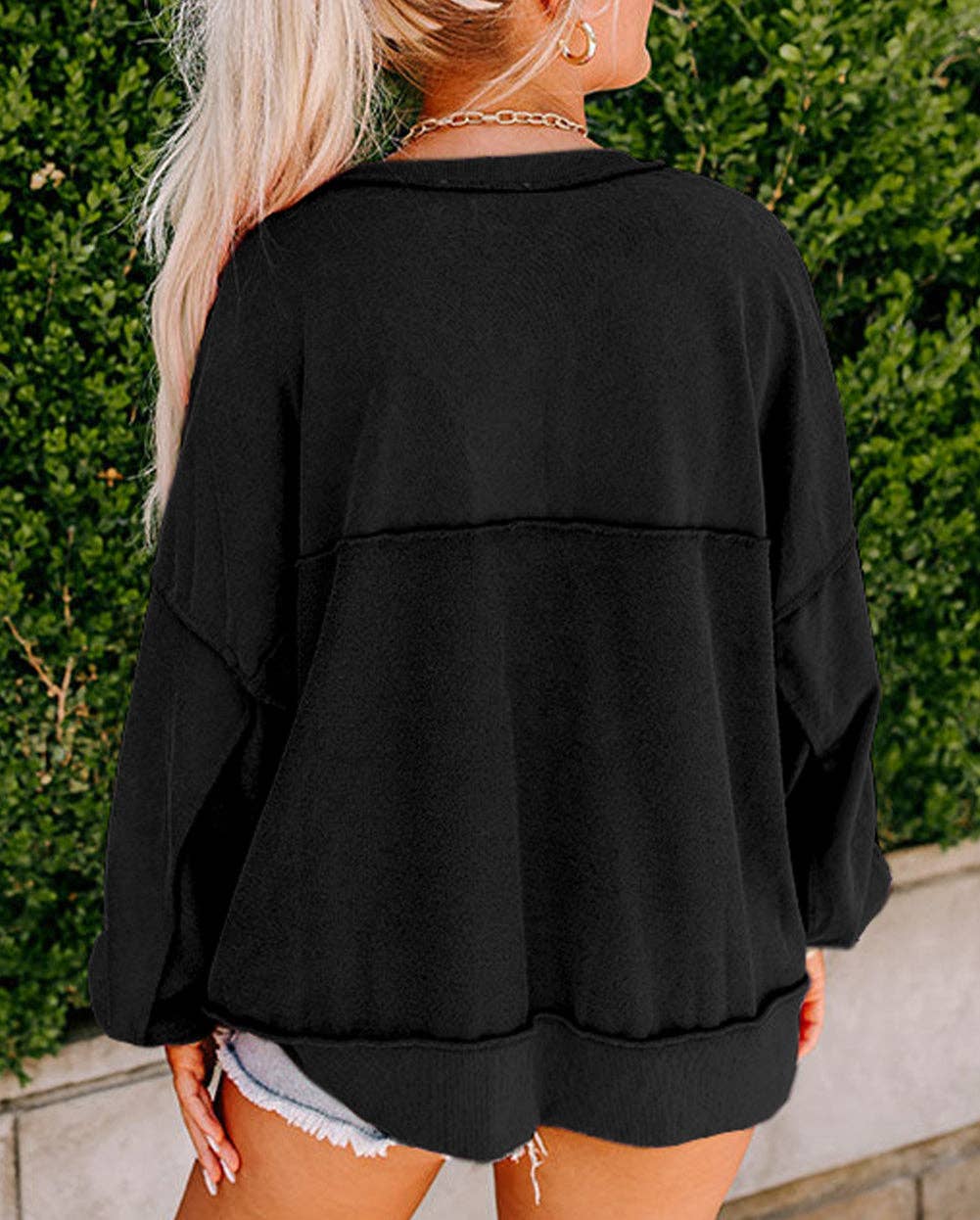 Drop Shoulder Henley Buttons Sweatshirt