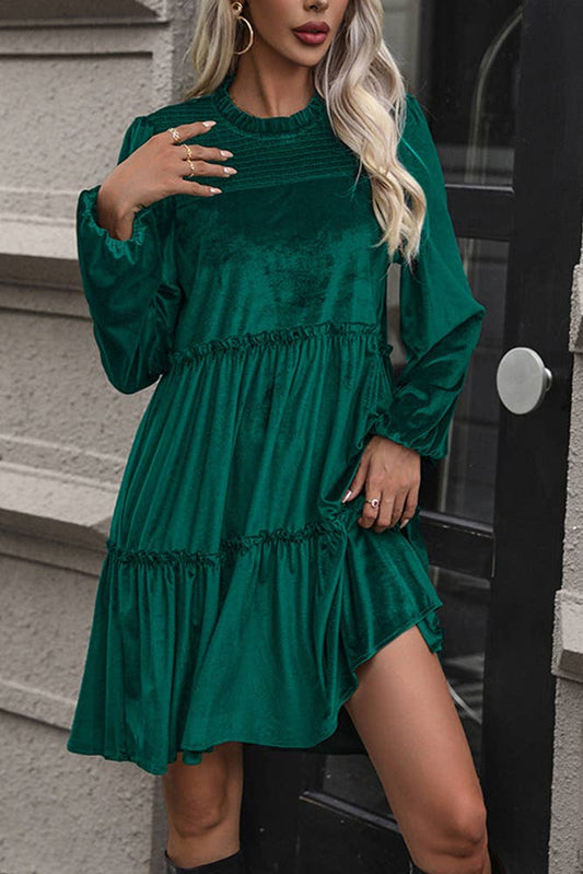 Dark Green Splicing Ruffled A-line Velvet Dress