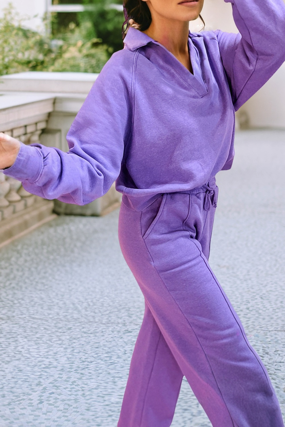 LDC Solid Color Collared Pullover and Central Seam Pants Set