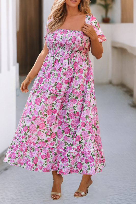 LDC Plus Size Floral Print Smocked Puff Sleeve Dress