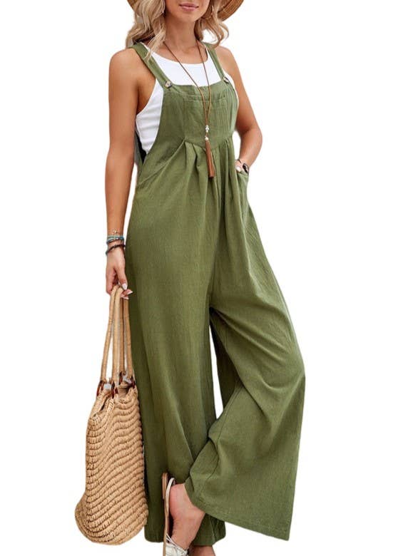 Pleated Pocket Button-Down Casual Bib Pants