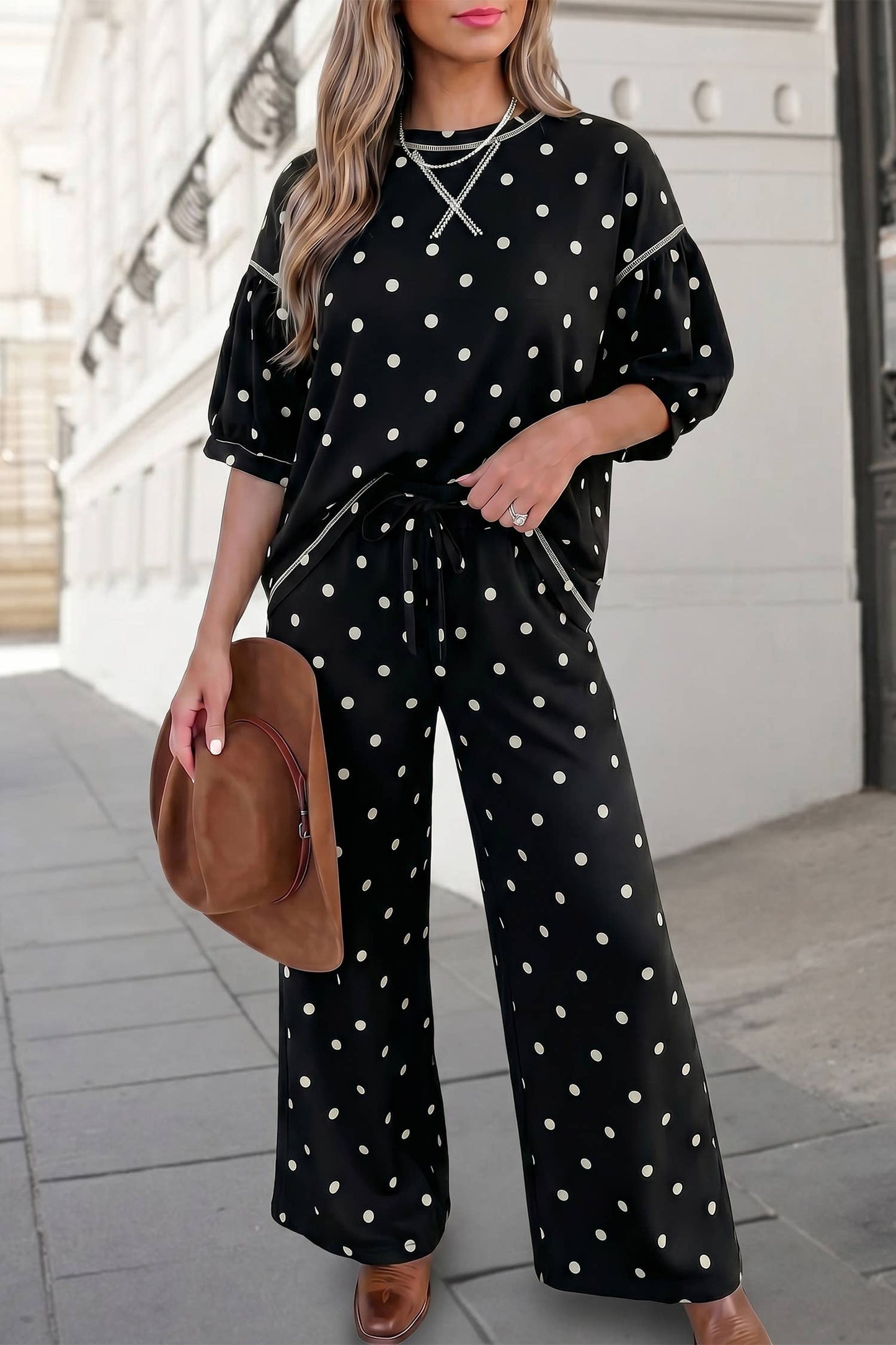 Polka Dot Print Half Sleeve Shift Wear Pants Set | S-XL