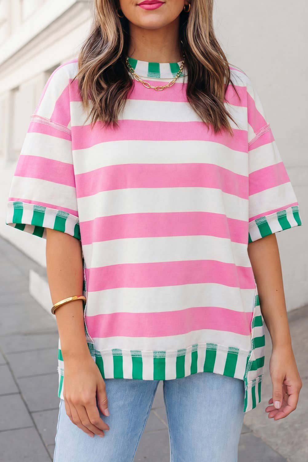 Stripe Contrast Trim Short Sleeve Top | S-XL