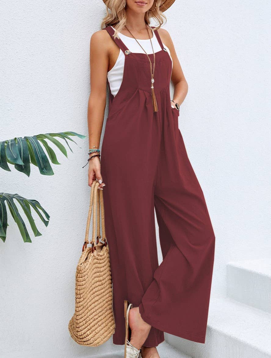 Pleated Pocket Button-Down Casual Bib Pants