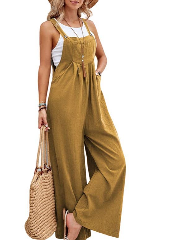 Pleated Pocket Button-Down Casual Bib Pants