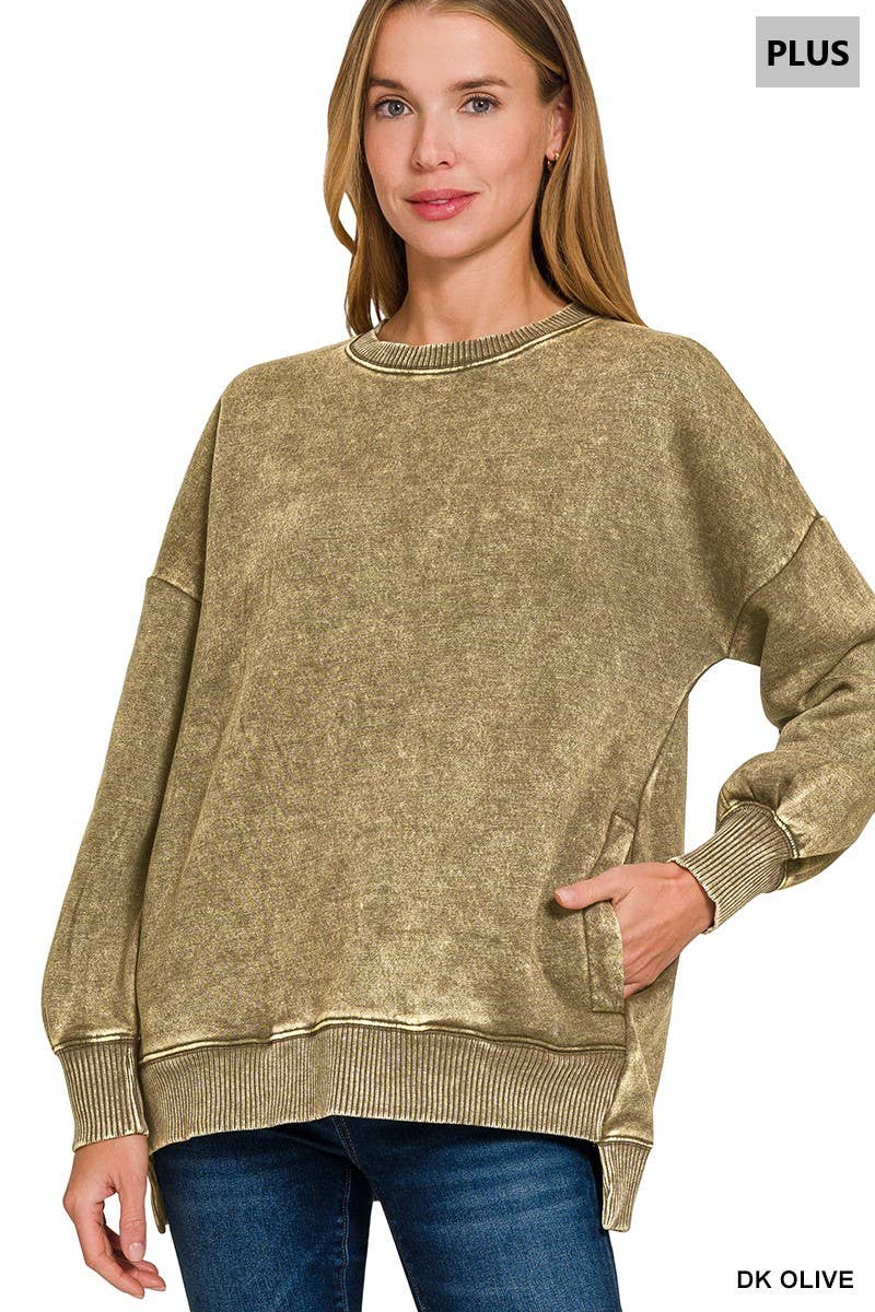 Plus Acid Wash Fleece Hi-low Hem Pullover