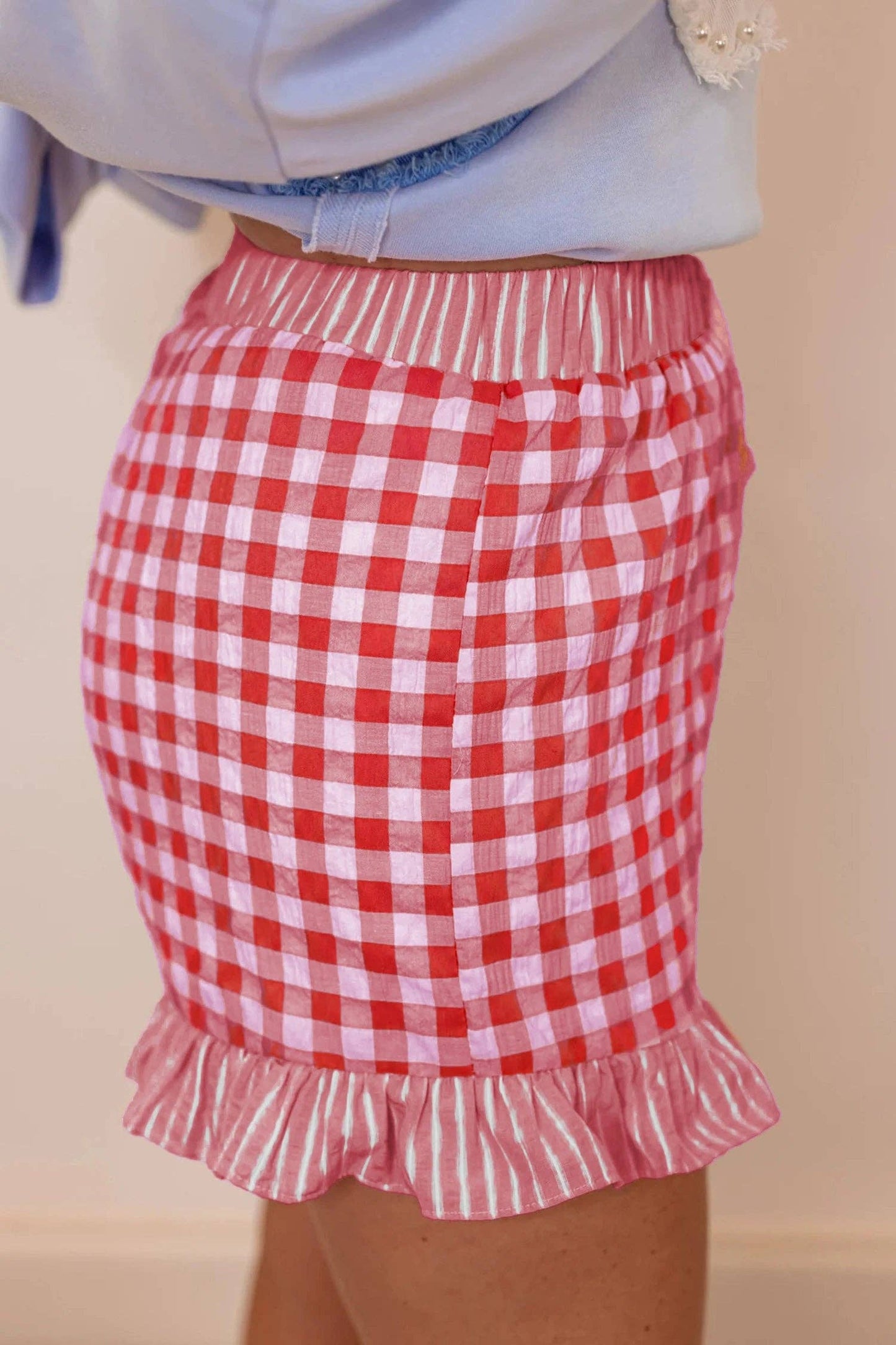 Gingham Ruffle Hem Shorts High Waist Casual Summer