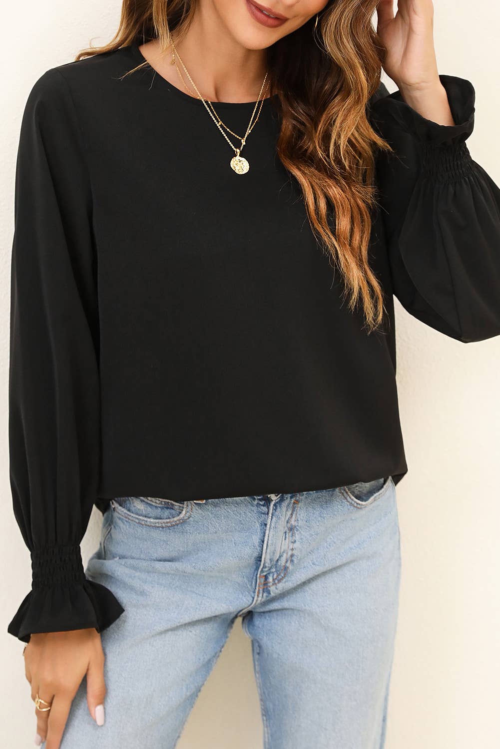Crew Neck Ruffle Bubble Sleeve Top
