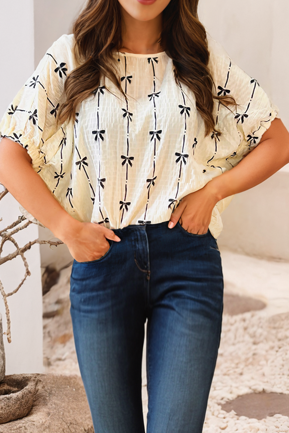 LDC Bow Print Puff Short Sleeve Top