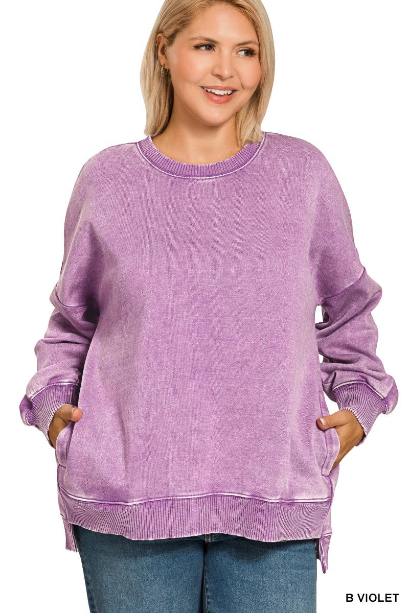 Plus Acid Wash Fleece Hi-low Hem Pullover