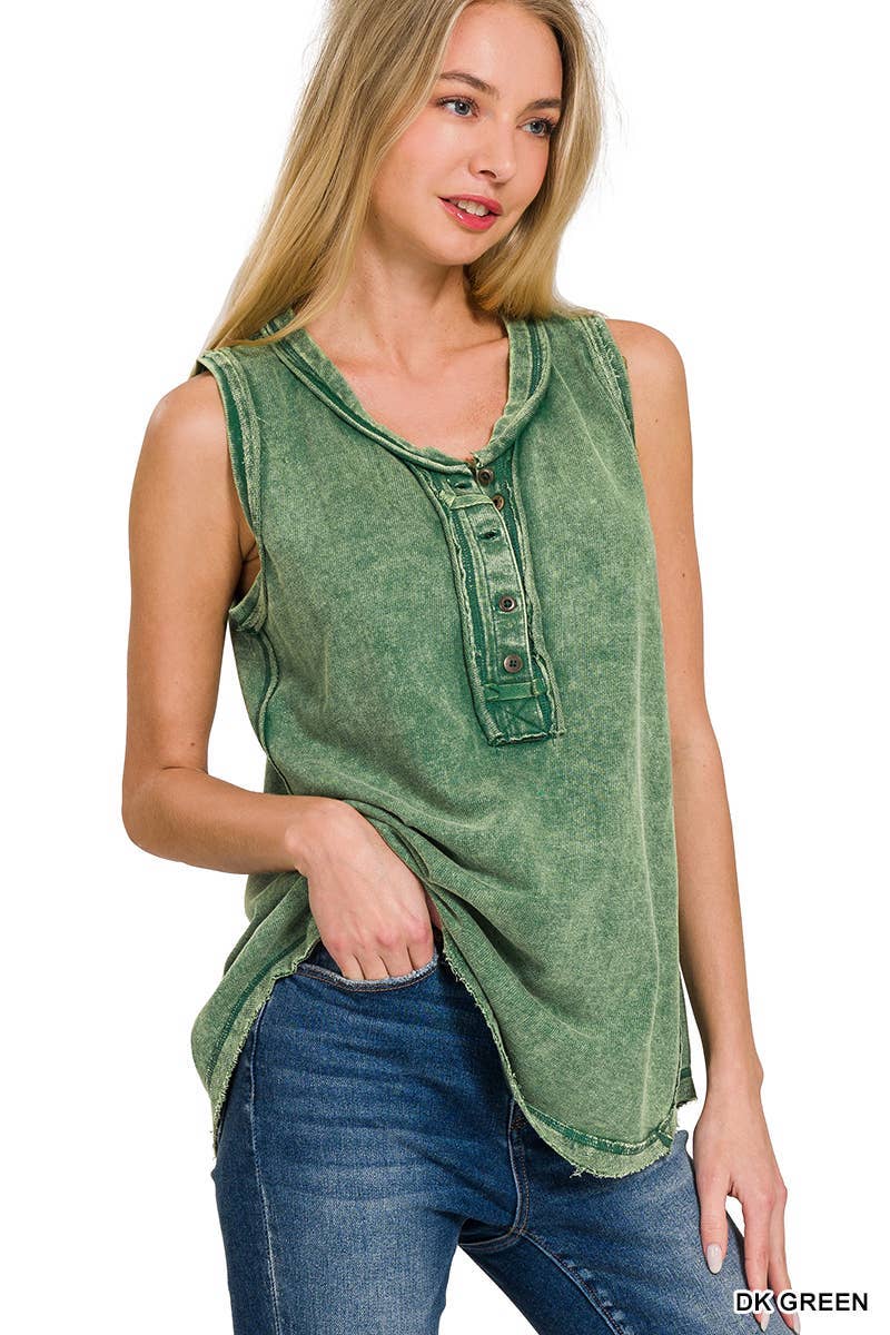 Washed Half-button Raw Edge Sleeveless Henley Top