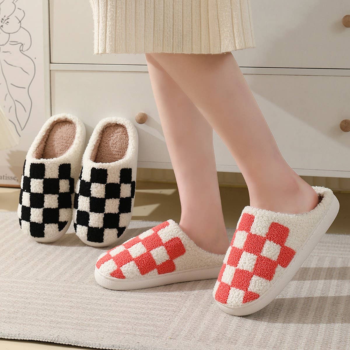 SIMPLE CHECKERED WARM COTTON SLIPPERS_CWSHS0250