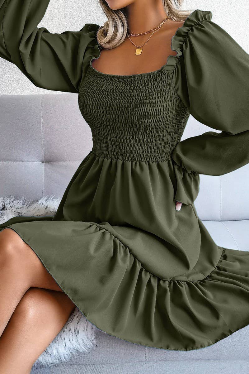 WOMEN SMOCKED FRILL SLEEVE LOOSE FIT RUFFLE DRESS_CWDSD1726