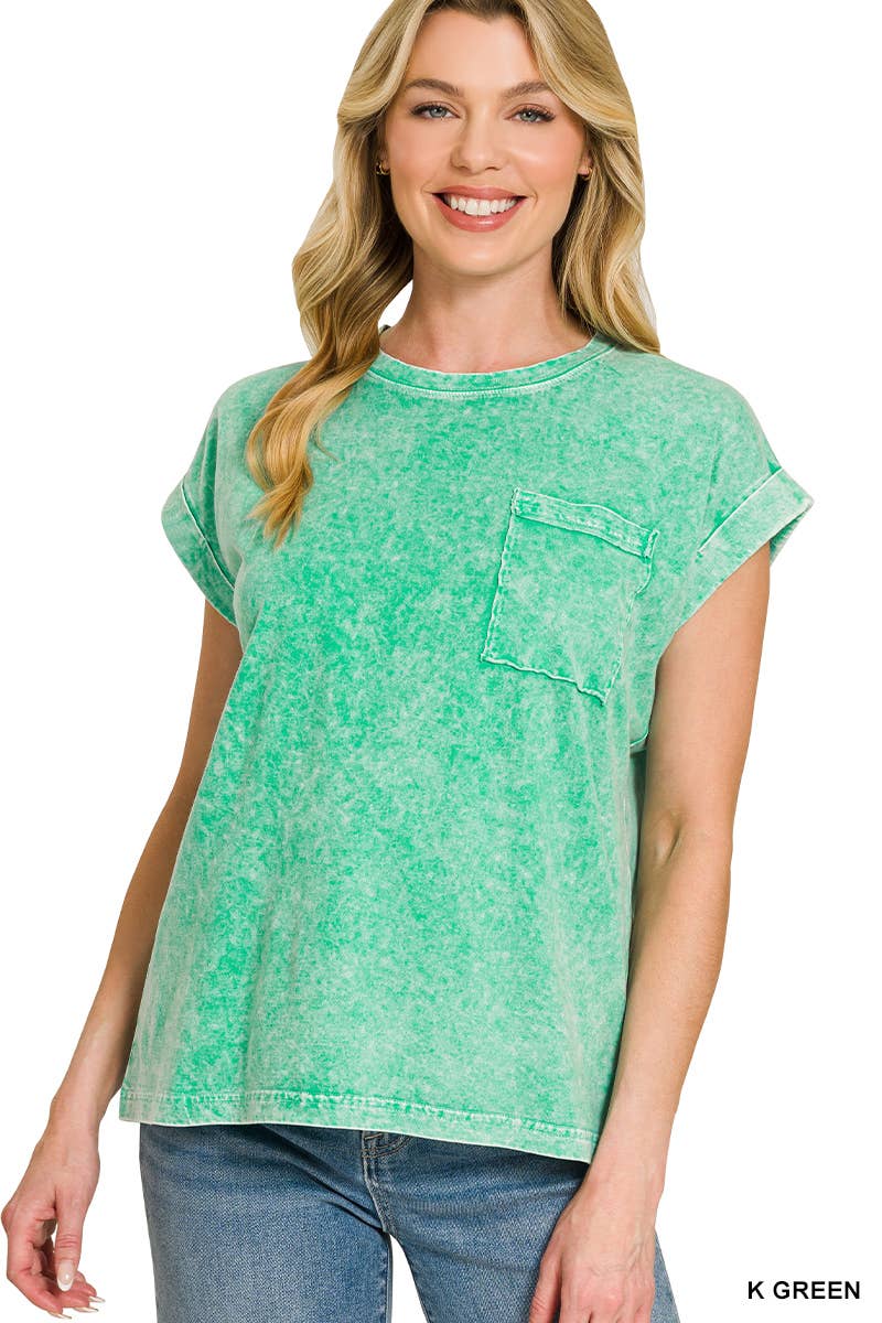 Halo Snow Washed Cuffed Short Sleeve Tee - Zenana