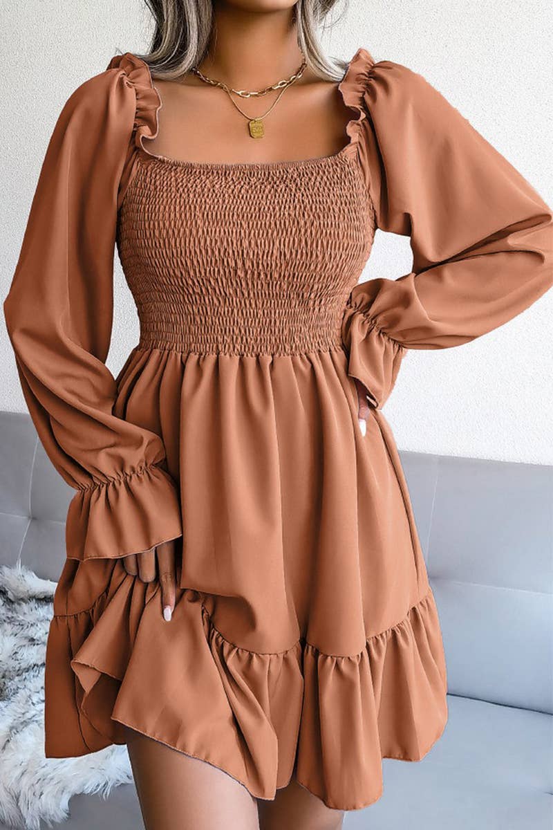 WOMEN SMOCKED FRILL SLEEVE LOOSE FIT RUFFLE DRESS_CWDSD1726