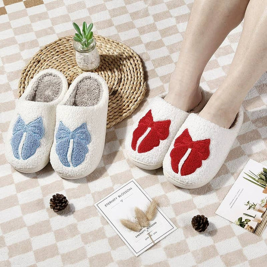 Christmas Sweet Bow Warm Cozy Home Slippers