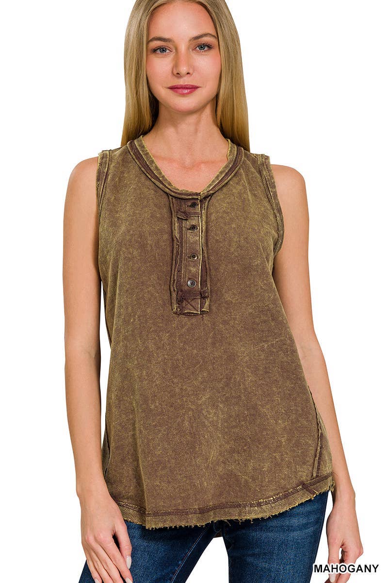 Washed Half-button Raw Edge Sleeveless Henley Top
