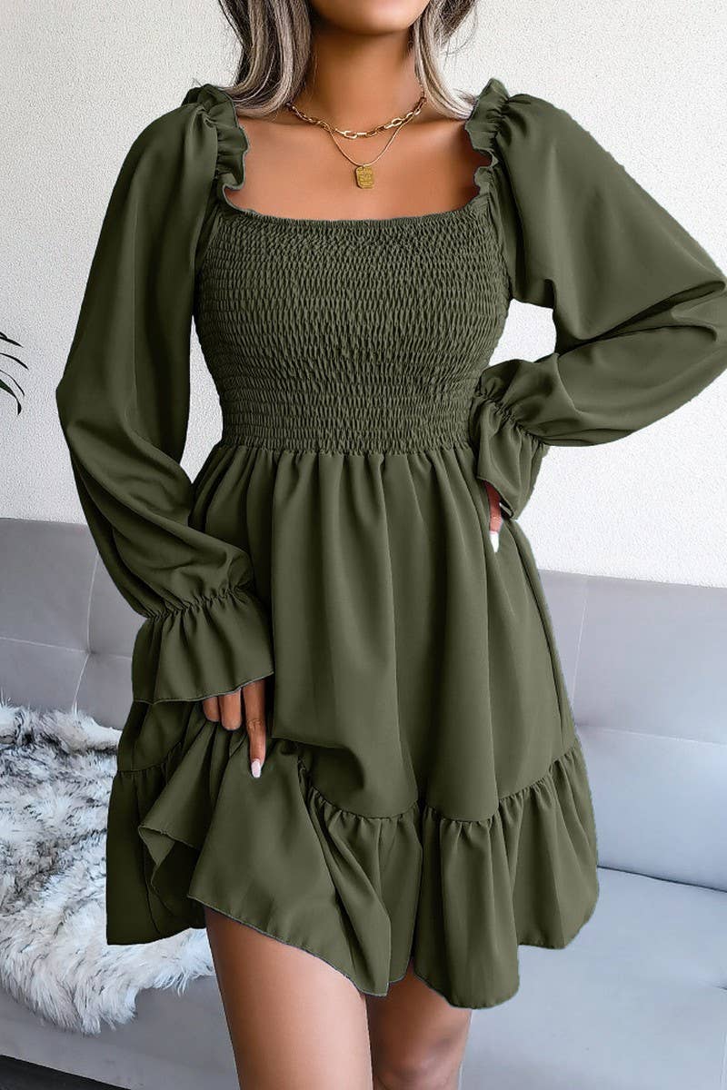WOMEN SMOCKED FRILL SLEEVE LOOSE FIT RUFFLE DRESS_CWDSD1726