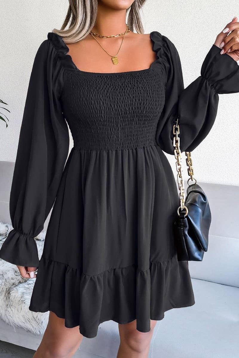WOMEN SMOCKED FRILL SLEEVE LOOSE FIT RUFFLE DRESS_CWDSD1726