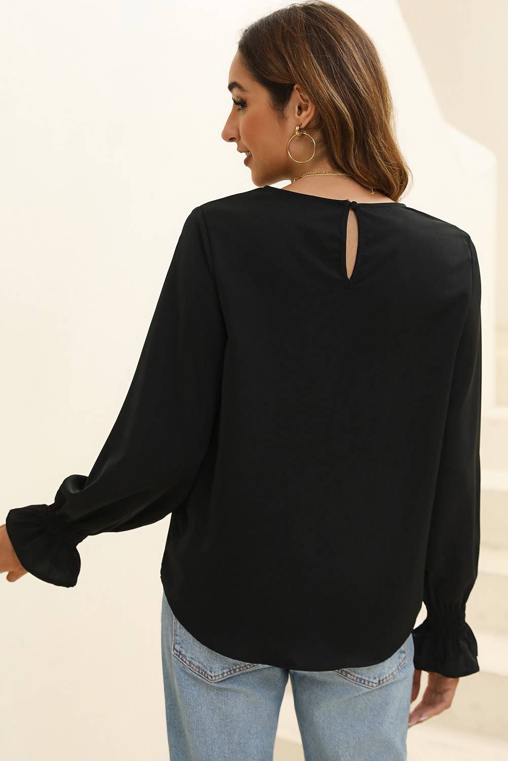 Crew Neck Ruffle Bubble Sleeve Top