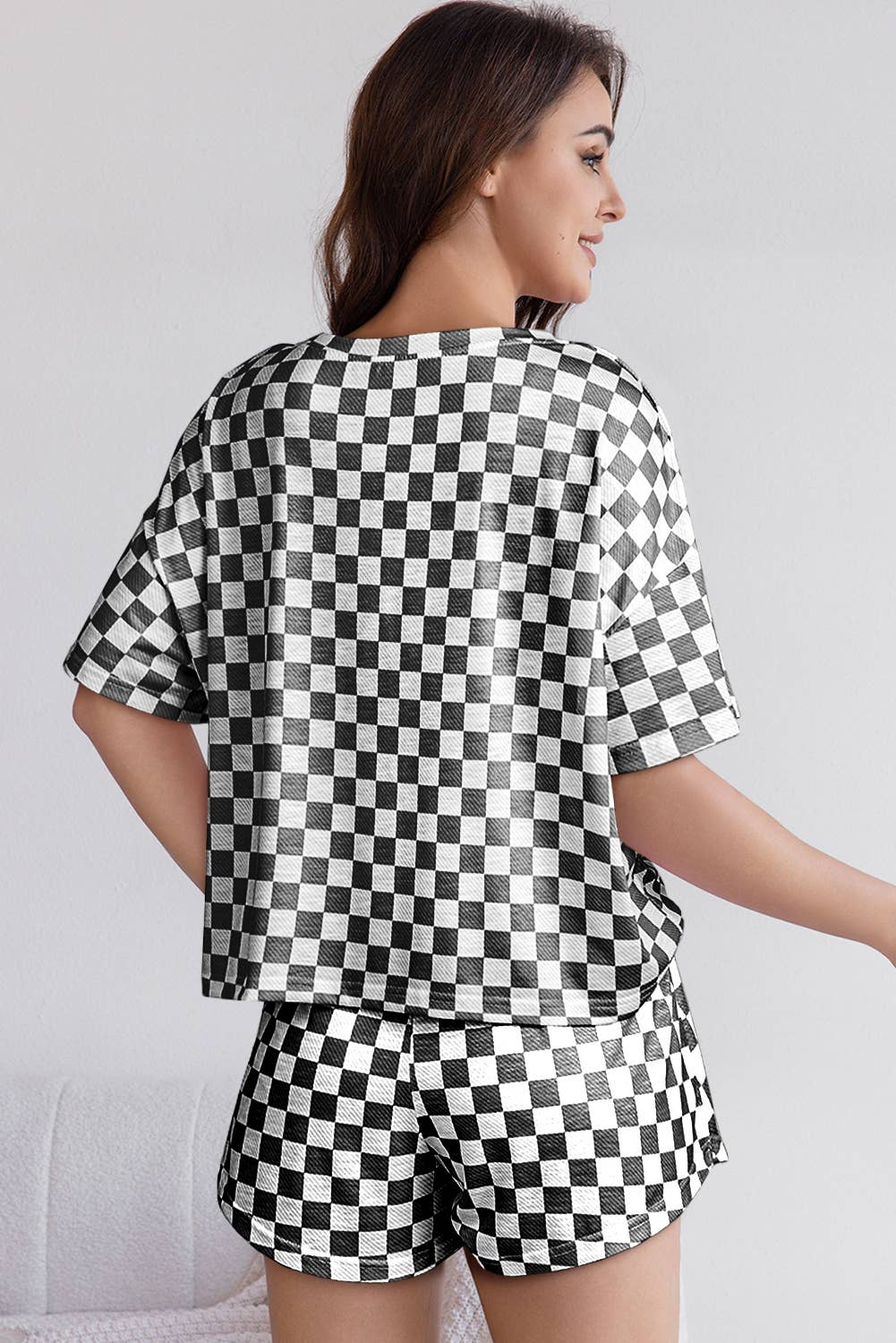 Checkerboard T-Shirt & High-Waist Skorts 2-Piece Set