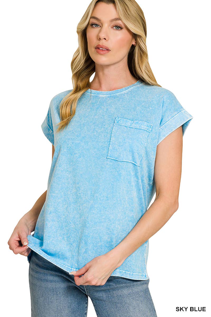 Halo Snow Washed Cuffed Short Sleeve Tee - Zenana