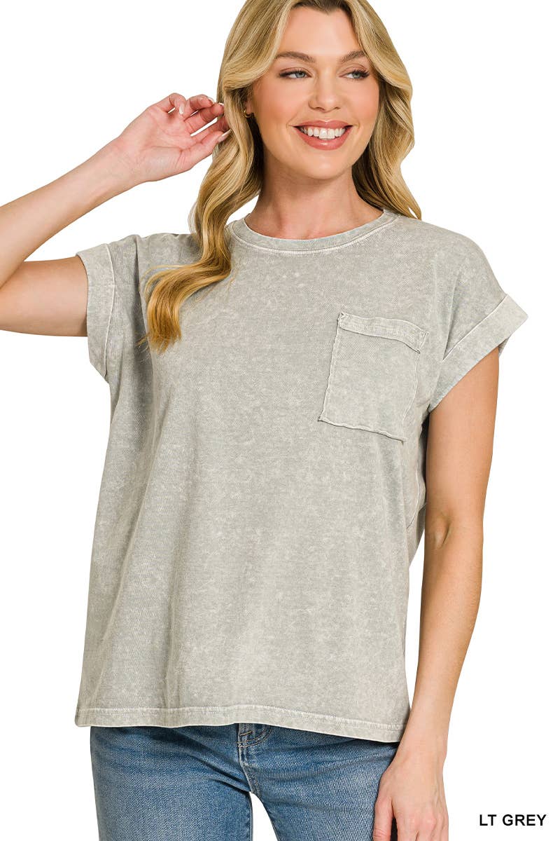 Halo Snow Washed Cuffed Short Sleeve Tee - Zenana
