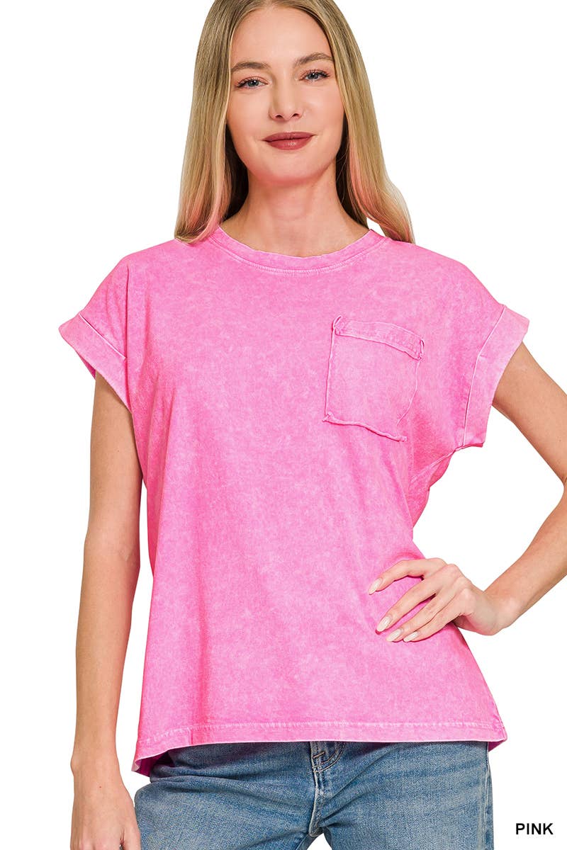 Halo Snow Washed Cuffed Short Sleeve Tee - Zenana