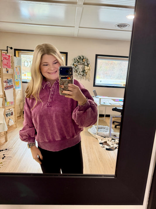 Acid Wash Fleece Button Up Collared Pullover: LT PLUM / 3-3 (S/M-L/XL)