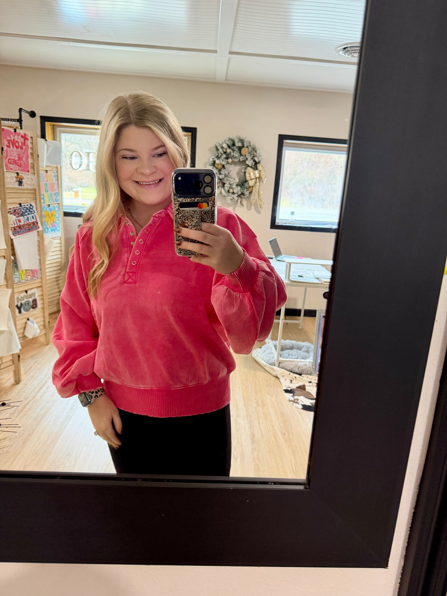 Acid Wash Fleece Button Up Collared Pullover: FUCHSIA / 3-3 (S/M-L/XL)