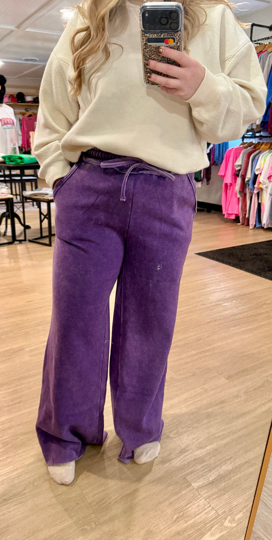 Acid Wash Fleece Palazzo Sweatpants With Pockets