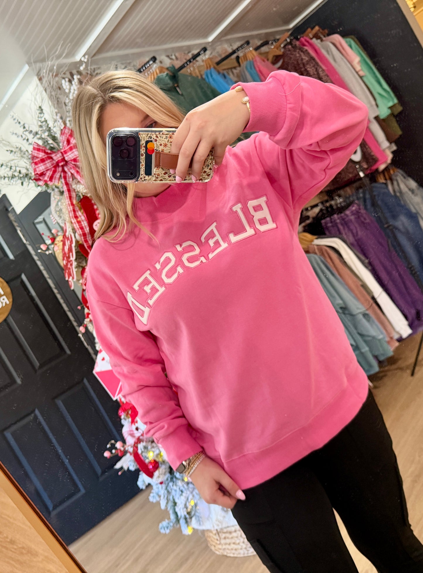 Oversize Blessed Embroidered Mock Neck Sweatshirt