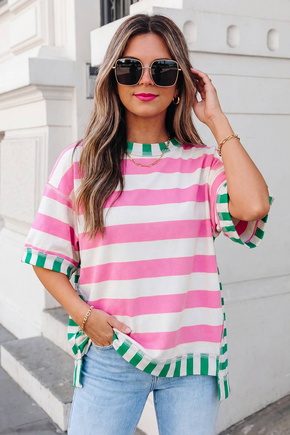 Stripe Contrast Trim Short Sleeve Top | S-XL