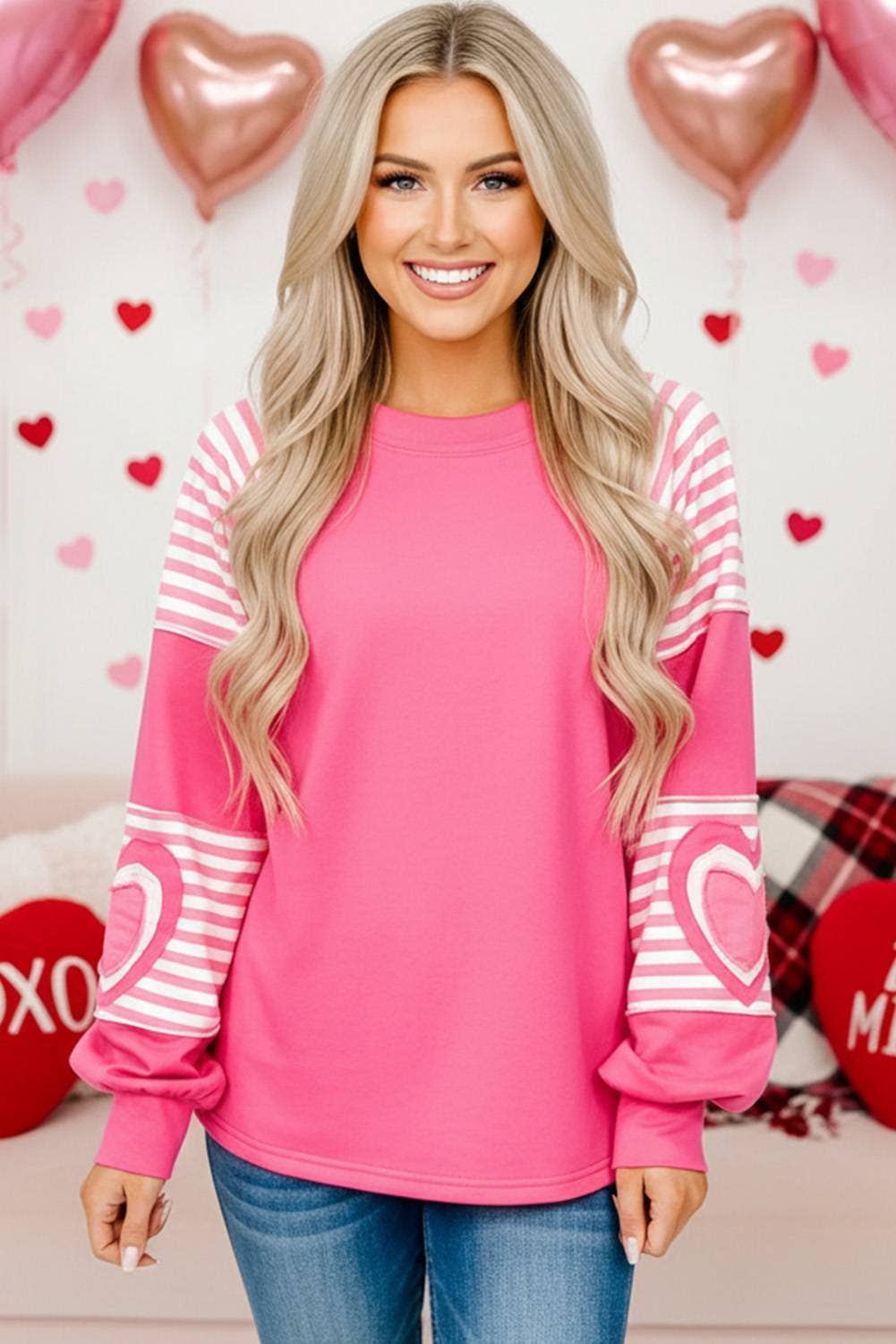 Valentine Heart Shape Striped Patched Long Sleeve Loose Top