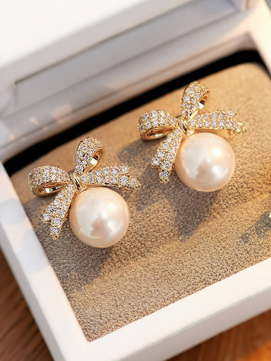 Rhinestone Bowknot Pearl Earrings