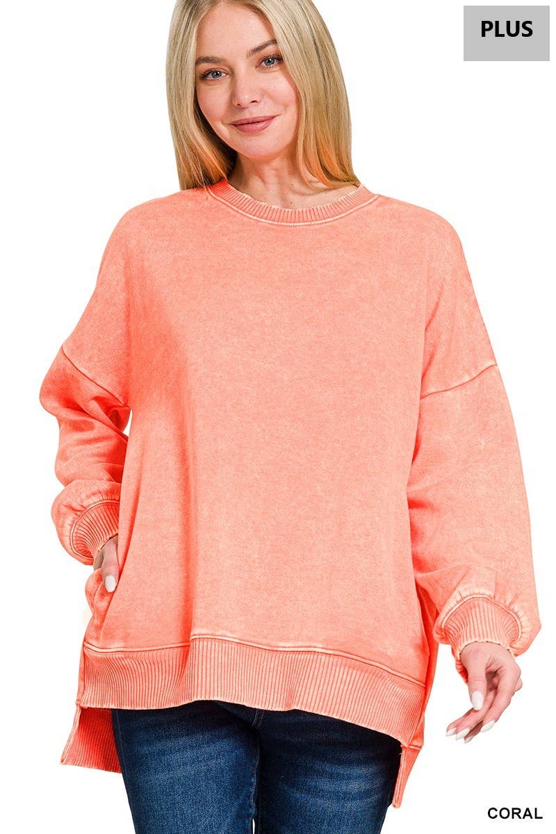 Plus Acid Wash Fleece Hi-low Hem Pullover