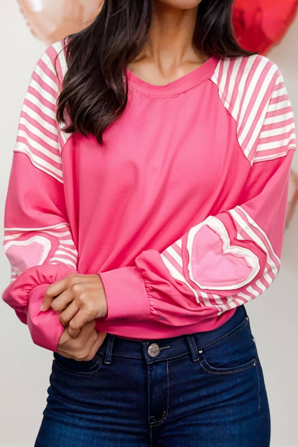 Valentine Heart & Stripe Patchwork Long Sleeve Top | S-XL
