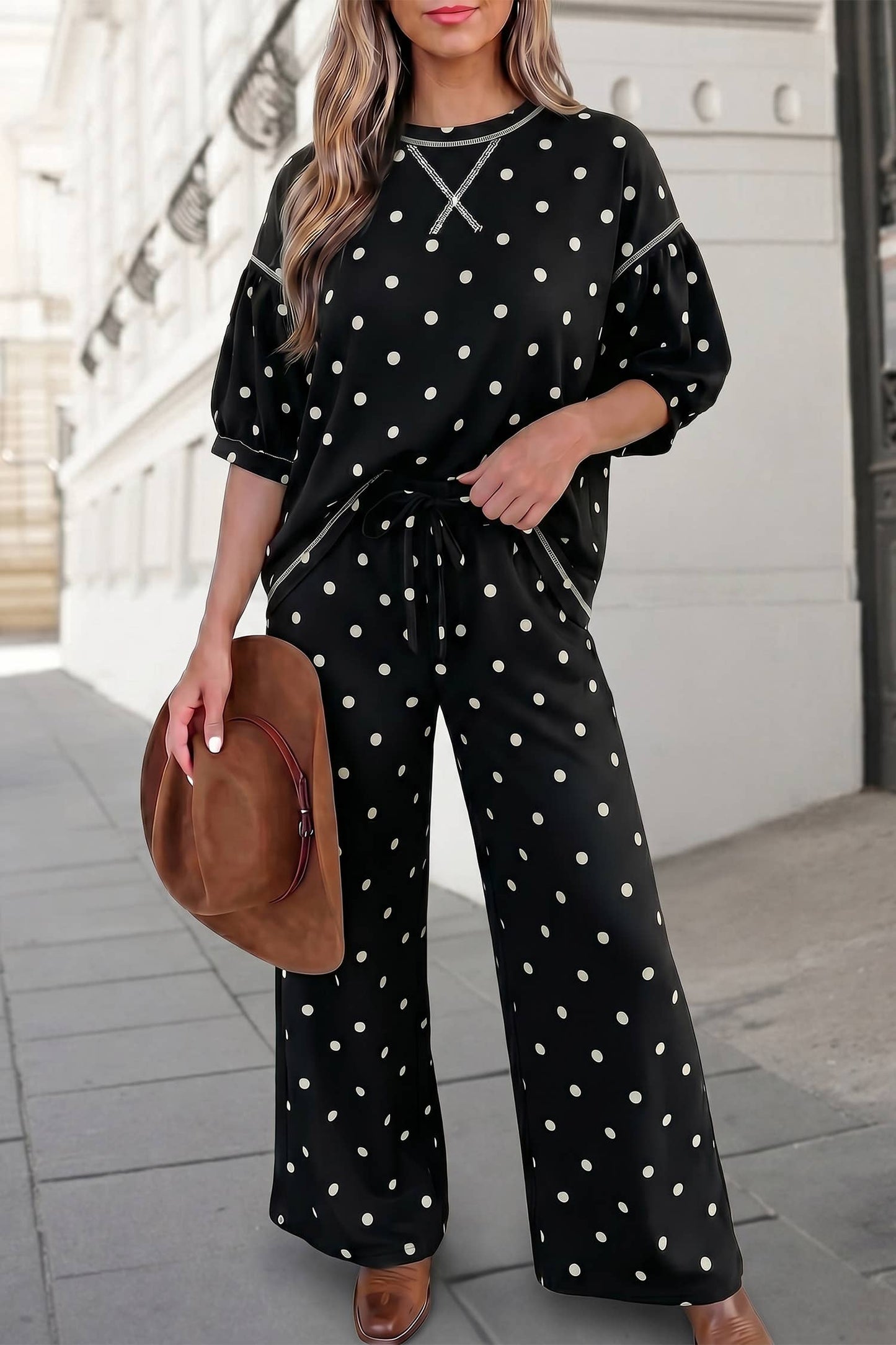 Polka Dot Print Half Sleeve Shift Wear Pants Set | S-XL