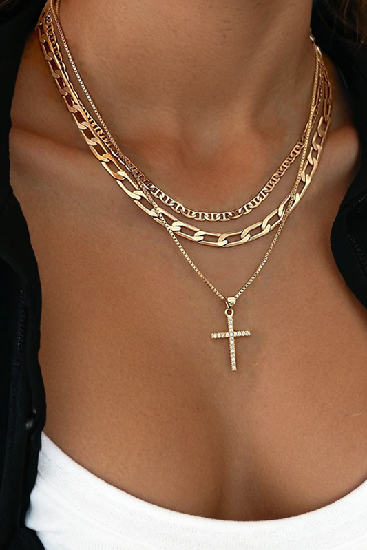 Plated Cross Pendant Multi Layer Stacked Chains Necklace