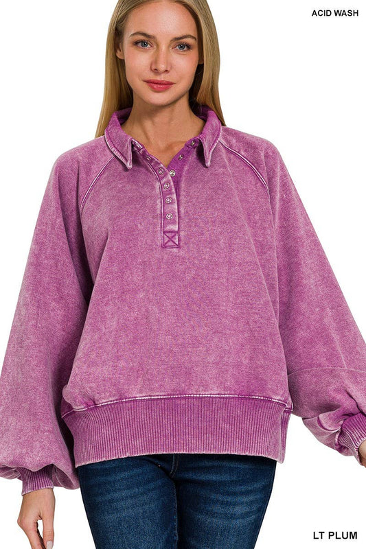 Acid Wash Fleece Button Up Collared Pullover: LT PLUM / 3-3 (S/M-L/XL)
