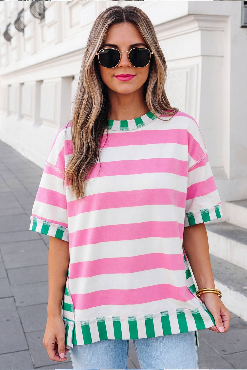 Stripe Contrast Trim Short Sleeve Top | S-XL