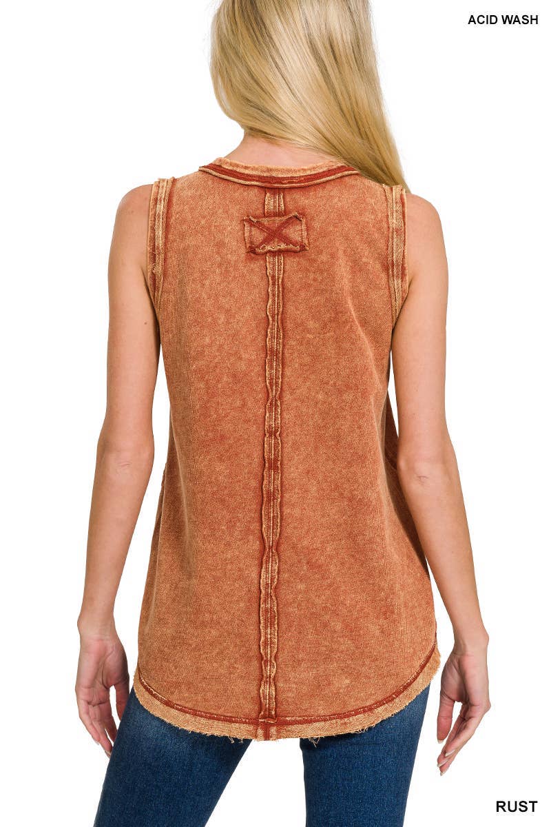 Washed Half-button Raw Edge Sleeveless Henley Top
