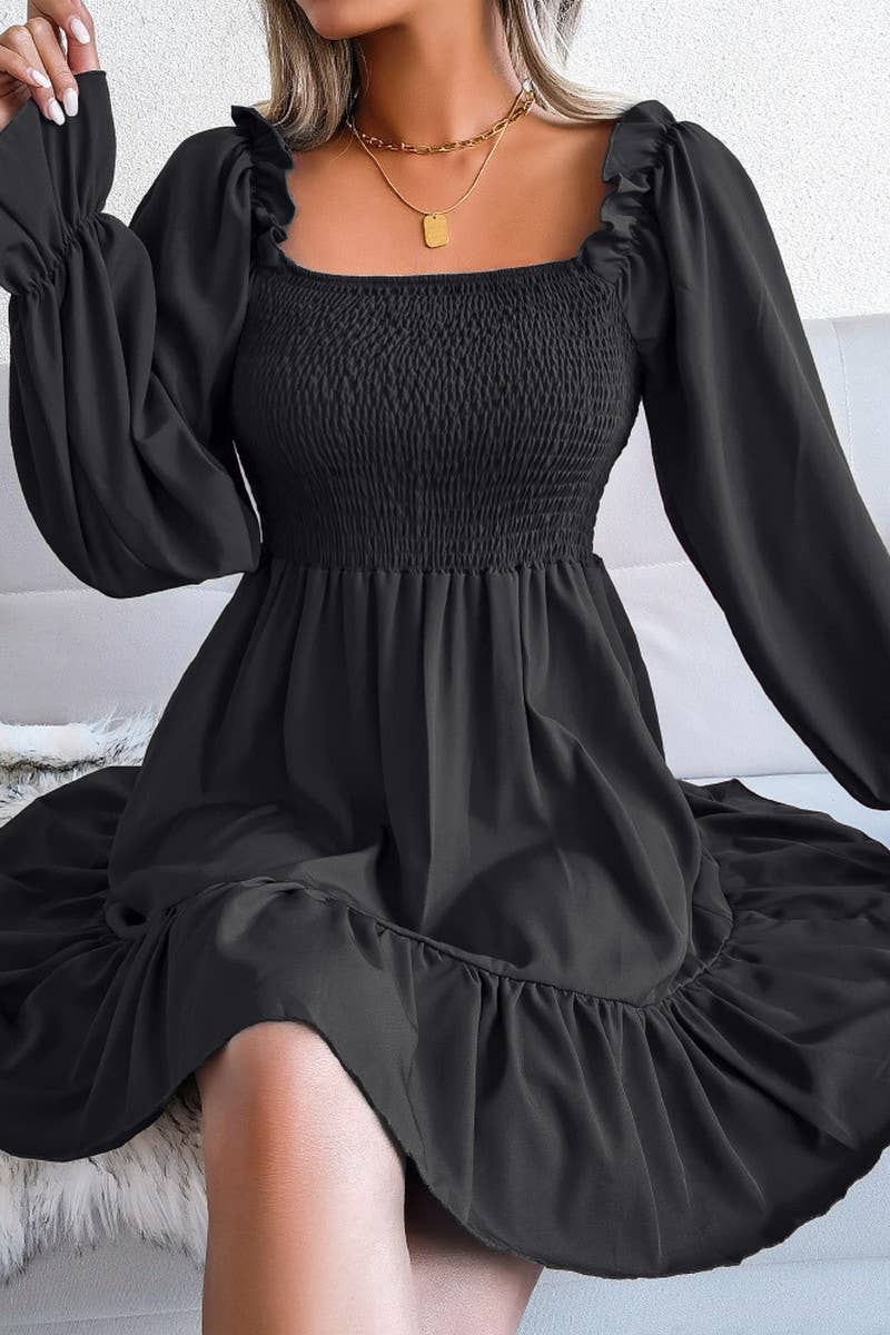 WOMEN SMOCKED FRILL SLEEVE LOOSE FIT RUFFLE DRESS_CWDSD1726
