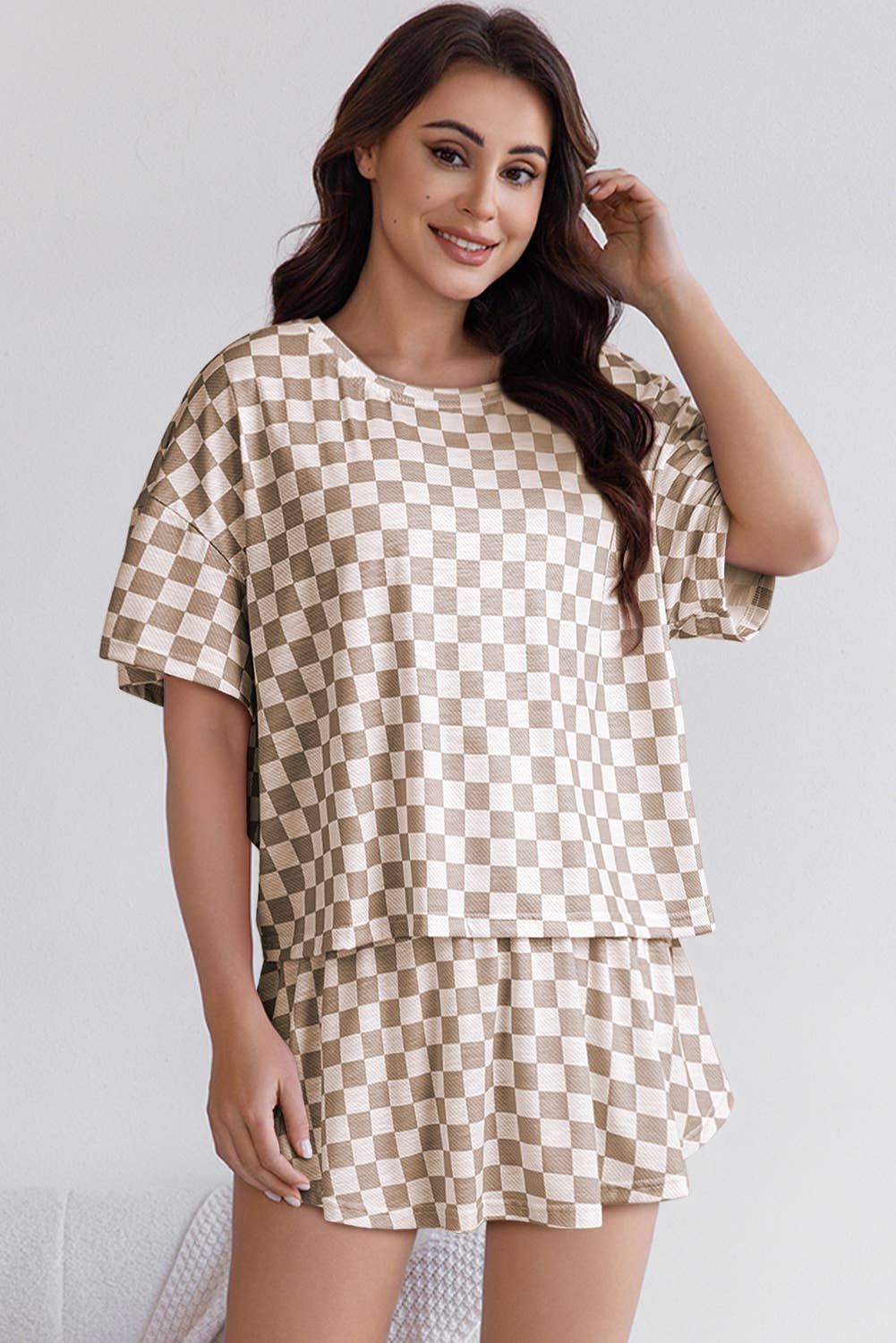 Checkerboard T-Shirt & High-Waist Skorts 2-Piece Set