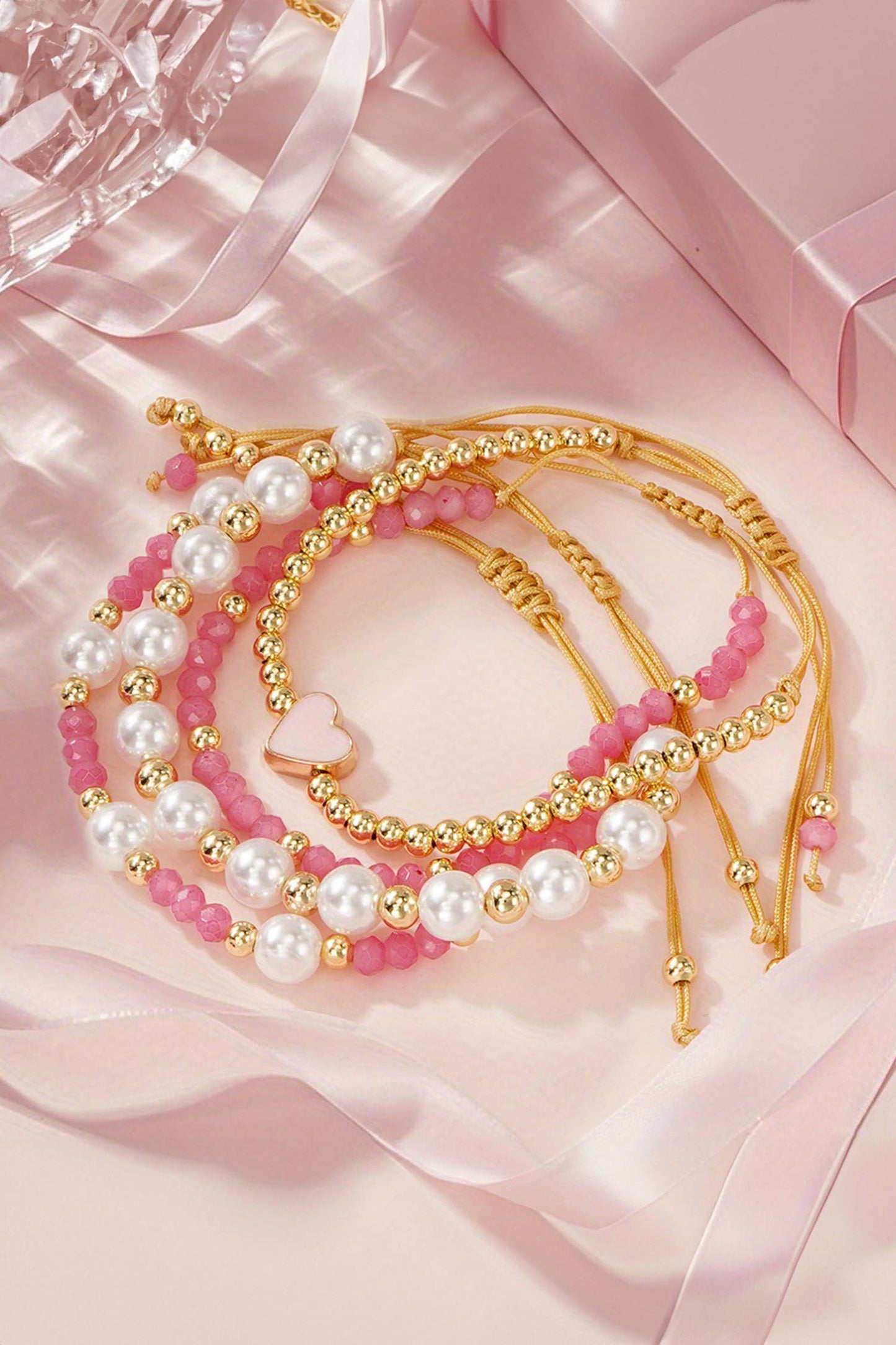Valentines Golden Beads Adjustable String 4pcs Bracelet Set