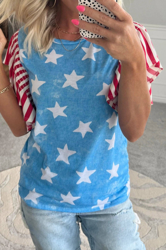 Blue Star Print Ruffle Sleeve Flag Day Patriotic Top