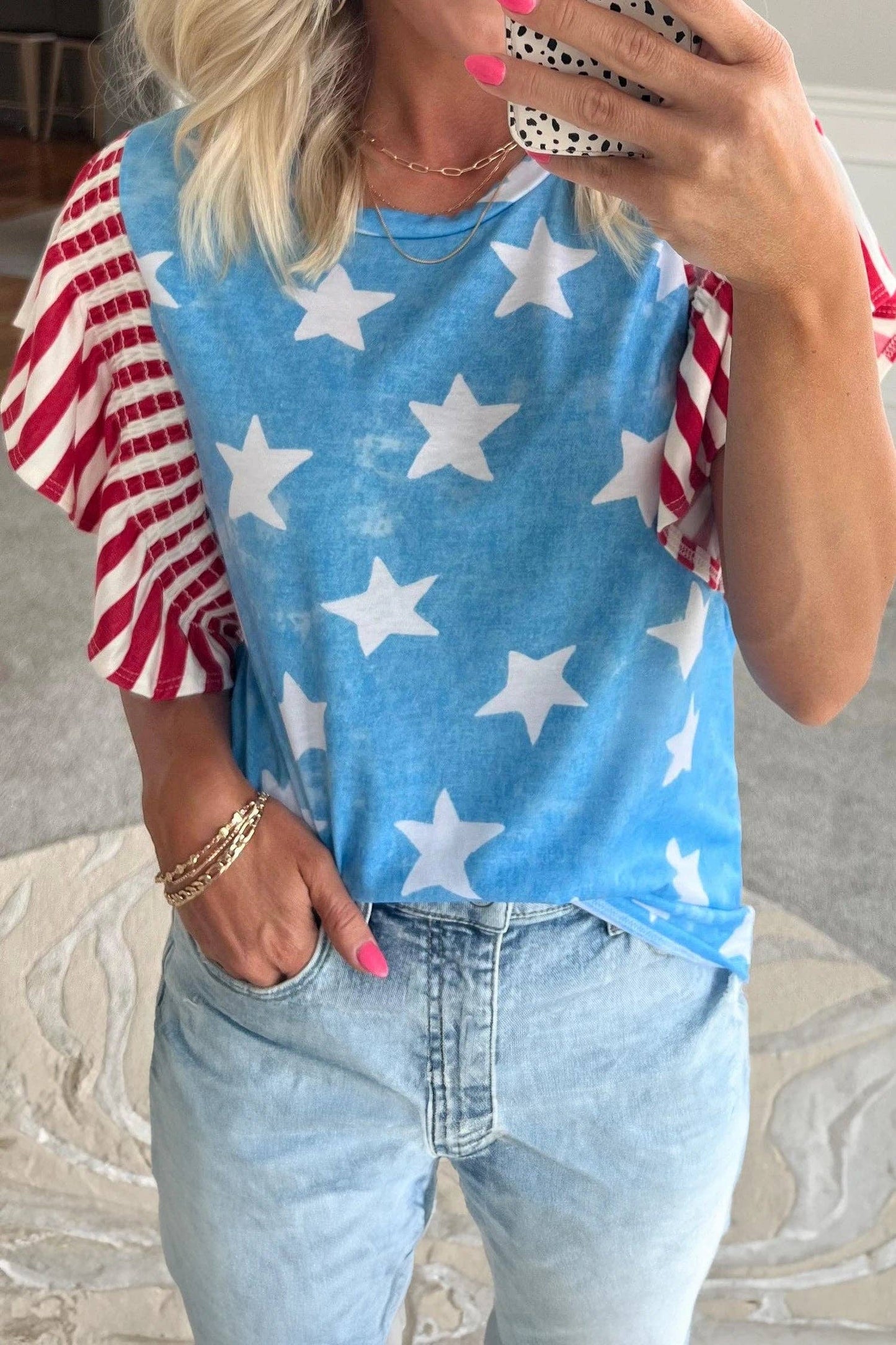 Blue Star Print Ruffle Sleeve Flag Day Patriotic Top
