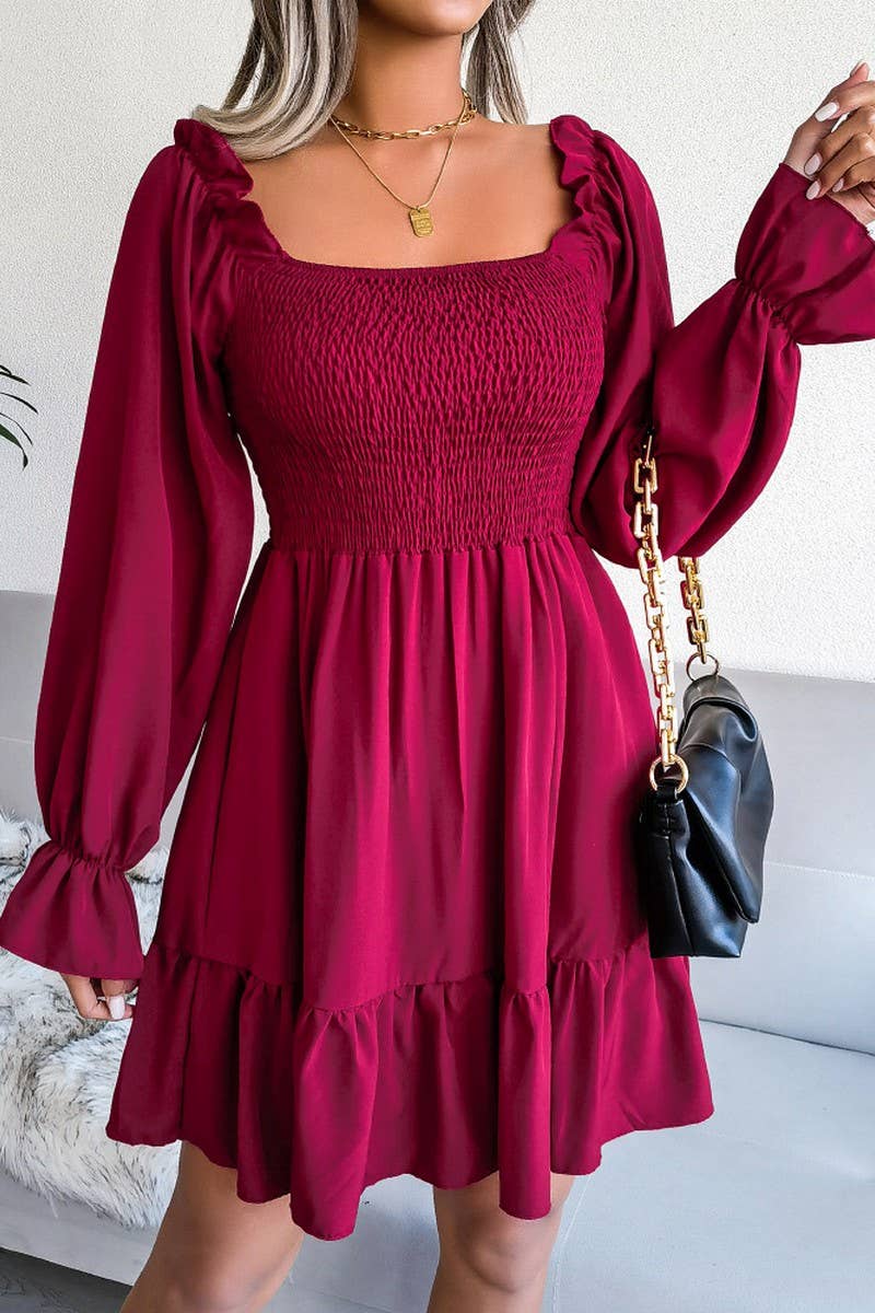 WOMEN SMOCKED FRILL SLEEVE LOOSE FIT RUFFLE DRESS_CWDSD1726